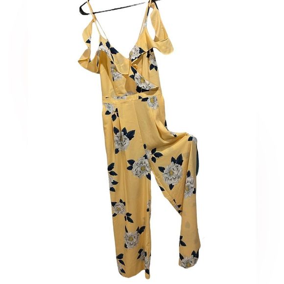 Xhilaration Pants - NEW Xhilaration Yellow Gray Romantic Floral Strappy Off the Shoulder Jumpsuit